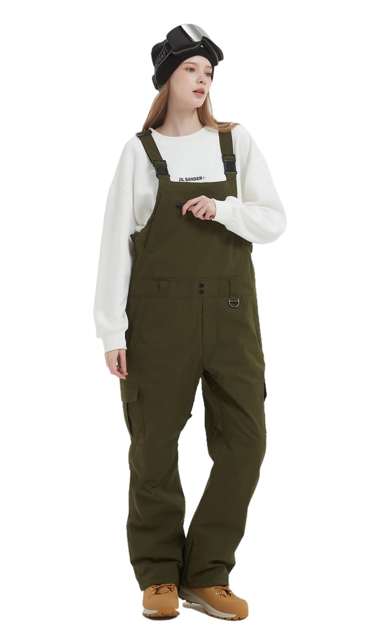 SNBOCON Womens Mens Snow Ski Bibs Pants Adjustable Overalls Windproof Waterproof Jumpsuit Snowboarding Insulated Warm Trousers Winter(S,Olive)