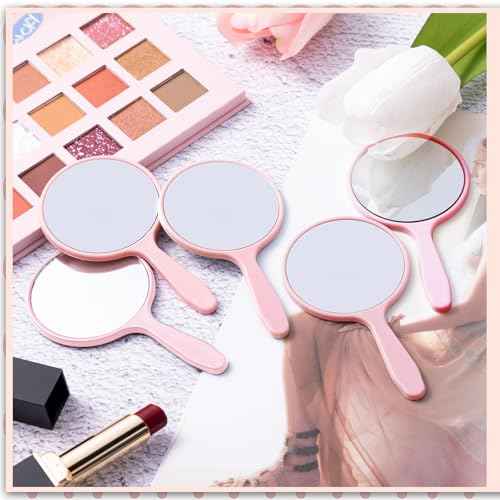 Vinsot 150 Pcs Handheld Mirror Bulk Small Hand Compact Mirrors with Handle Plastic Travel Makeup Portable 3.94 x 2.16 Inch for Birthday Dress up Wedding Practice Pronunciation (Pink)