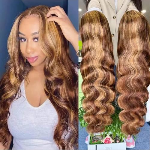 200% Density Ombre Highlight 13X6 Tansparent Lace front Wig Human Hair HD Lace Frontal 4/27 Honey Blond Brown Highlights Wigs Pre Plucked with Baby Hair Glueless Highlighted Wigs
