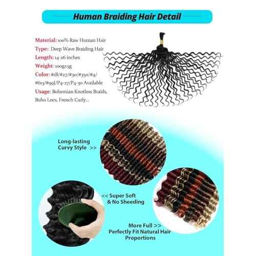 12A #27 Honey Blonde Human Braiding Hair for Boho Braids 3 Bundles 24 Inch 100g Deep Wave Braiding Hair for Bohemian Knotless Braids 100% Unprocessed Virgin Bulk Hair Extensions No Weft