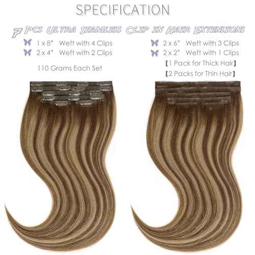 Lacer Hair Real Colored Clip in Hair Extensions Balayage Chocolate Brown to Caramel Blonde 18 Inch Clip in Invisible PU Skin Weft Remy Natural Thick Silky Straight Hair 7pcs 110g for Fashion Women