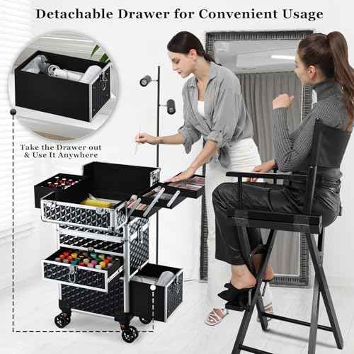 Joligrace Large Rolling Makeup Train Case with Foot-Brake Wheels, Removable Shoulder-Strap Makeup Carrying Case, Adjustable Compartments, Built-in Nail Polish Drawer, and Detachable Drawer
