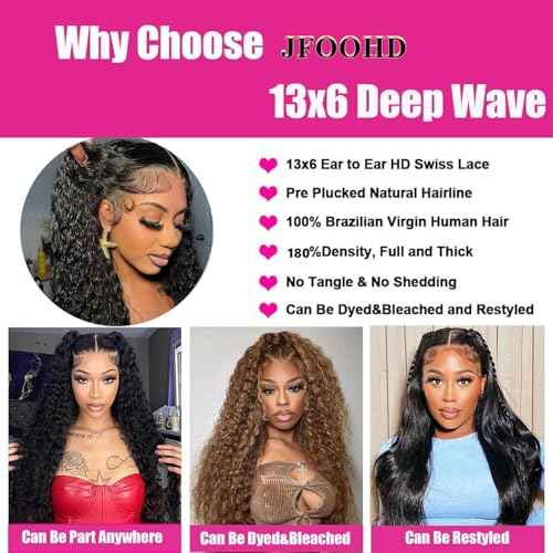 13x6 Deep Wave Wigs Human Hair Deep Wave Lace Front Wigs Human Hair 200% Density HD Lace Frontal Wigs for Balck Women Pre Plucked Glueless Deep Curly Wig Natural Black (28 Inch)