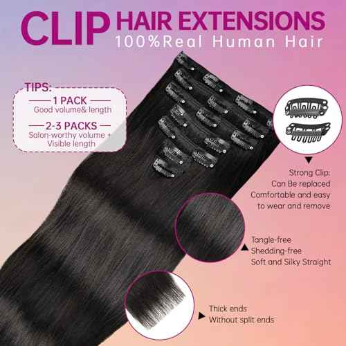 Clip in Hair Extensions Real Human Hair 20 Inch 110g 7pcs Invisible Seamless Real Hair Clip In Hairpiece, Double Layer Woven Real Hair, Specially Designed for Women, 1B Natural Black