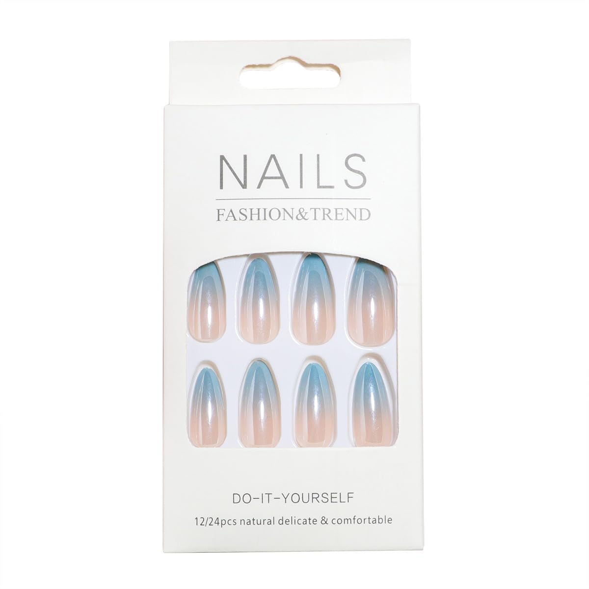TOGZOM Almond Press on Nails Medium Blue Ombre Fake Nails Chrome Mirror Acrylic Nails Glossy Shiny False Nails Gradation Glue on Nails Artificial Stick on Nails for Women Manicure 24Pcs, Style9