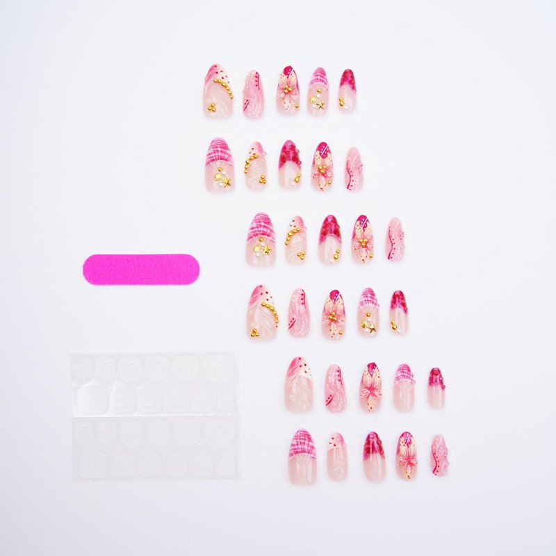 Skiennix French Tip Press-On Nails - Almond Shape with 3D Floral Seashell Design | 24 Reusable Acrylic Nails for Women