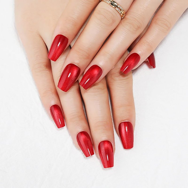 Red Medium Coffin Press On Nails, Cat Eye Press on Nails, Fashion Gel Fake Nails, Reusable Red Fake Nails, Glossy Stick on Nails for Women Girls, Glue on Nails Kit 32Pcs, Ballet Heatwave