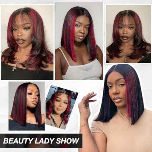 Highlight Burgundy Lace Front Bob Wig Human Hair for Black Women 5X5 Highlights 1bRed Lace Front Straight Bob Cut Wigs Glueless Unprocessed Brazilian Virgin Hair