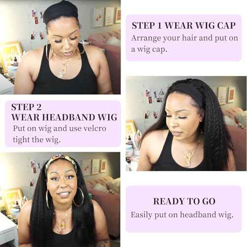 Kinky Straight Headband Wig 24 Inch Human Hair Headband Wigs for Black Women Glueless Yaki Straight Human Hair Headband Wigs Natural Black color