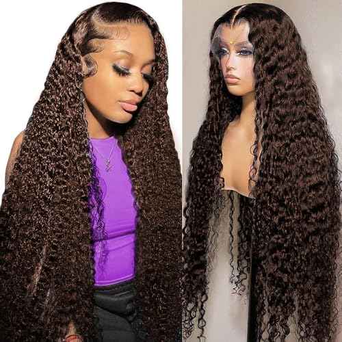13x6 Chocolate Brown Lace Front Wigs Human Hair Deep Wave Curly Hd Lace Frontal Wigs for Black Women Pre Plucked Pre Plucked Brown Wig Human Hair Pre Plucked With Natural Hairline 24 Inch
