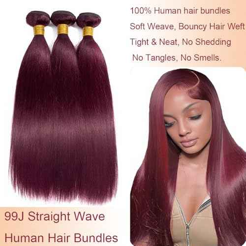 Burgundy 99J Straight Human Hair Bundles 14 16 18 Inch Hair 3 Bundles Color 99J Straight Bundles Unprocessed Brazilian Virgin Hair Weave Extensions For Black Women #99J