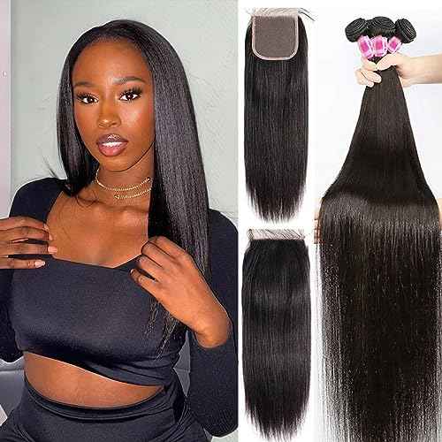 Brazilian Straight Bundles with Closure Human Hair Weave 3 Bundles and 4X4 HD Lace Closure (14 16 18+12 Inch) Unprocessed Virgin Remy Hair Free Part for Women
