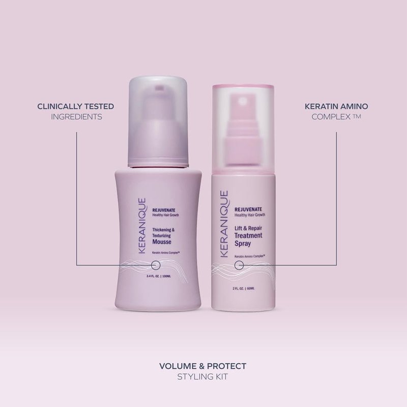 Keranique Volume & Protect Styling Kit - Volumizing Hair Mousse & Heat Protectant Spray for Fine Hair | 2 oz & 3.4 oz