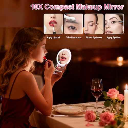 Compact Makeup Mirror with Lights Travel Vanity Mirror with Lights Small Compact Mirror 2x/10x Magnification & LED Lighted, Magnifying Mirror Portable Adjustable Rechargeable, White