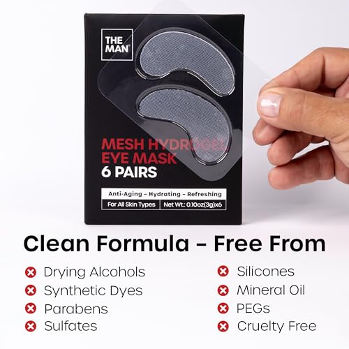 The Man Mesh Hydrogel Under Eye Patches for Men - Cooling, Hydrating & Firming Eye Masks for Dark Circles & Puffiness - Men's Anti-Aging Patches with Hyaluronic Acid, Collagen & Vitamin E. (6 Pairs)
