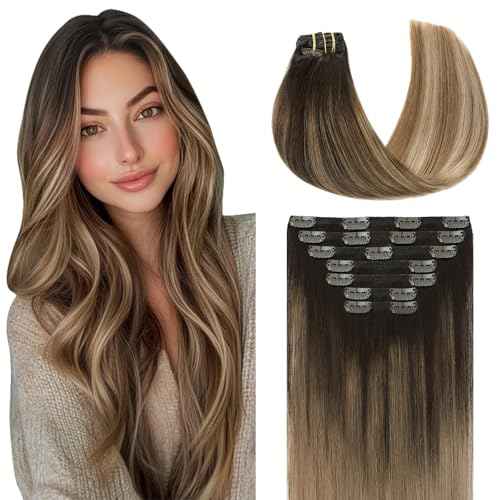 Youngsmile Human Hair Extensions Clip in Balayage Darkest Brown to Medium Brown Mixed Ash Brown Clip in Hair Extensions For Women Easy To Install Full Head 16inch 7Pcs 140g (7C#2/6/18-16Inch)