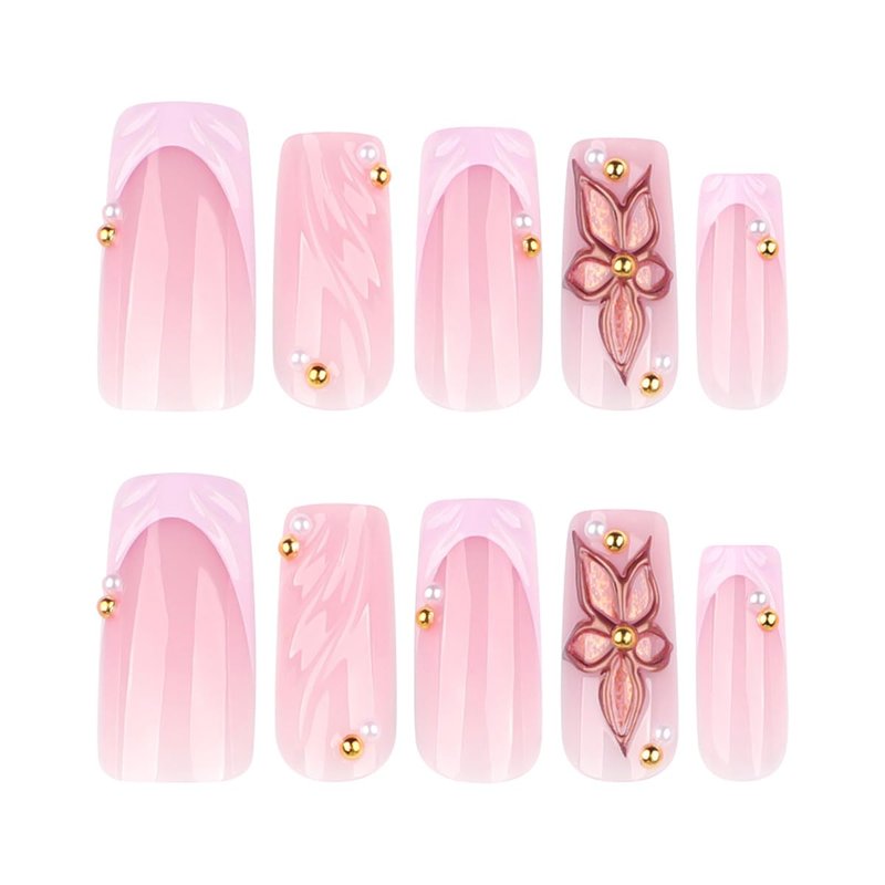Gold Flower Press-On Nails - Medium Square French Tip with Pink Glossy Finish | 24 Pcs Acrylic Coffin Nails
