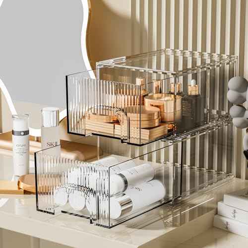ZHIAI 2 Pack Clear Stackable Cosmetic Organizer, Acrylic Drawer, Plastic Organizer for Dresser, Vanity, Kitchen Cabinet, Pantry, Home Organization and Storage