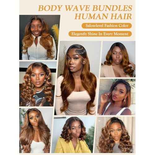 Two-Tone Ombre Honey Brown #T1B/30 Bundles Human Hair Body Wave 10 12 14 Inch, Black to Light Auburn Brown Human Hair Bundles Loose Wave Sew In Weave, 12A 100% Raw Brazilian Virgin Hair Tracks, #T30