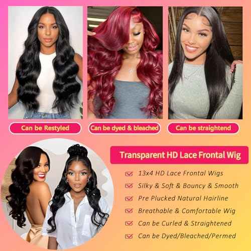 Body Wave Lace Front Wigs Human Hair 24 Inch 180% Density 13x4 HD Transparent Lace Frontal Wigs Human Hair Pre Plucked Glueless Lace Front wigs Free Part Natural Black
