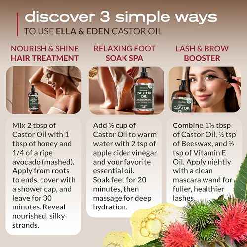 Ella & Eden Castor Oil Organic ? Cold Pressed Hexane-Free Unrefined Glass Bottle - For Hair Growth, Face, Skin - USDA Certified 100% Pure ? 16 Fl Oz