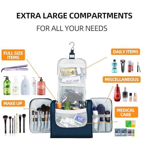 Buruis Extra Large Capacity Toiletry Bag for Women and Men, Hanging Toiletry Organizer Cosmetics Makeup Bag, Water-resistant Dopp Kit for Full Sized Toiletries, Travel Essentials (Oxford Gray)