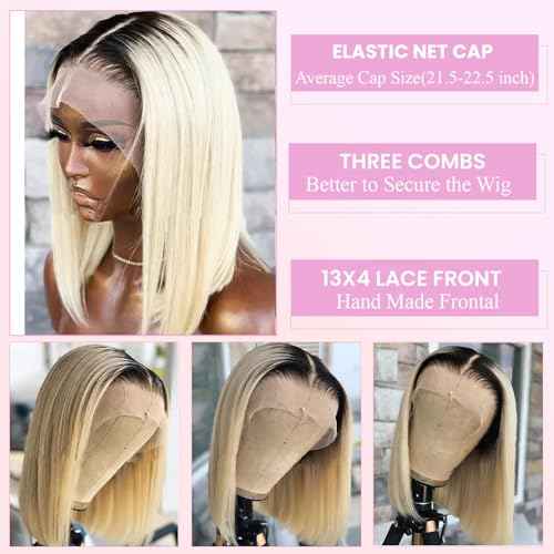1b613 Ombre Blonde Bob Wig Human Hair Dark Roots 13x4 HD Lace Front Wigs Human Hair Pre Plucked with Baby Hair Glueless Bob Wig Human Hair 180% Density 14 Inch