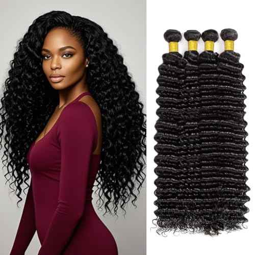 12A Human Hair Bundles 12 14 16 18 Inch Deep Wave Bundles Human Hair 100% Unprocessed Brazilian Virgin Deep Curly Weave 4 Bundle Water Wavy Hair Extensions Real Human Hair 1B Bundle for Women