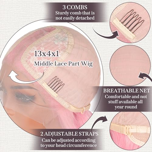 Pink Wig 26 inch Long Wavy Pink Wigs for Women, 13X4X1 HD T-part Synthetic Lace Front Wig Natural Looking As Human Hair Middle Part Pre Plucked Glueless Wigs for Daily Party Cosplay Use (T2313#)