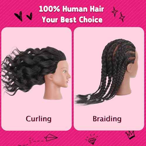 Mannequin Head with Human Hair 16" Cosmetology Manikin Doll Head 100% Real Human Hair for Styling Hairdresser Practice Braiding with Free Clamp Holder