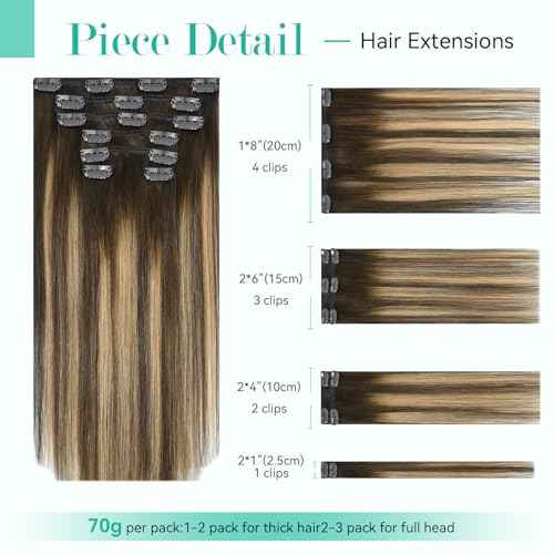 Ukira Balayage Clip in Hair Extensions Real Human Hair, 22 Inch 75g 4/27/4 Chocolate Brown to Caramel Blonde Ombre Human Hair Extensions, Natural Straight Remy Human Hair Clip ins for Women