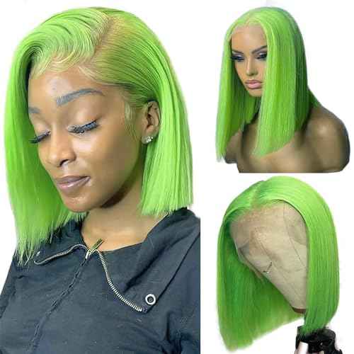 Lime Green Bob Wig Human Hair Lace Front Wigs 14 Inch 13x4 HD Lace Front Wigs Human Hair Pre Plucked Glueless Wigs Brazilian Virgin Human Hair Short Bob Wig for Women 180% Density Deep Part Hairline