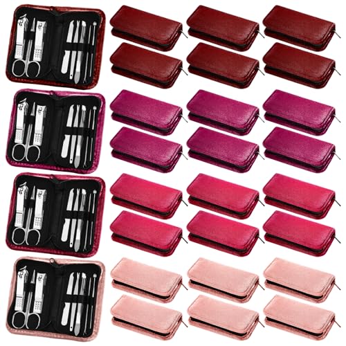 Coume 24 Sets Manicure Set Bulk Christmas Coworker Gifts 8 in 1 Nail Clippers Kit Nurse Practitioner Luxurious Travel Case Stainless Steel Nails Care Tool Office Gift for Employees(Red Series)