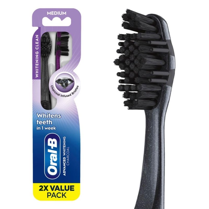 Oral-B 3D White Charcoal Toothbrush - Whitens Teeth & Removes Plaque | 2 Count Medium Manual Pack