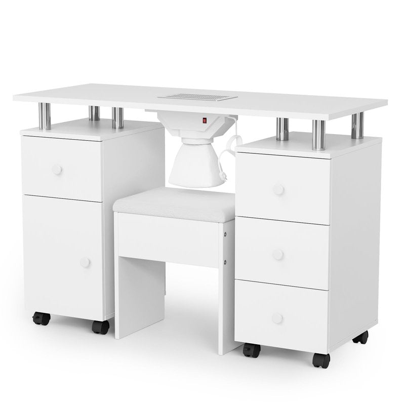 OmySalon Nail Desk and Chair Set, with Stool, Dust Collector, Arm Rest & Wheels, Acetone Resistant Desktop, Manicure Table Nail Table Station for Nail Tech w/Drawers Storage (White)