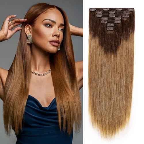 16A Premium Clip in Hair Extensions Real Human Hair, 20inch 120g 7pcs£¨Service life1.5~2 years£©Remy Seamless Invisible Double Weft Human Hair, #T4/27 Balayage Multiple Washes Keep Texture Soft