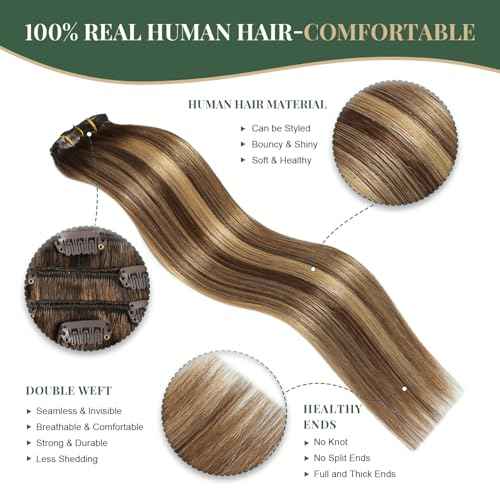 Missme Clip In Hair Extensions Real Human Hair,18in 110g 7pcs Balayage Chocolate Brown To Caramel Blonde Invisible Straight Seamless Clip Ins Hair Extensions For Women