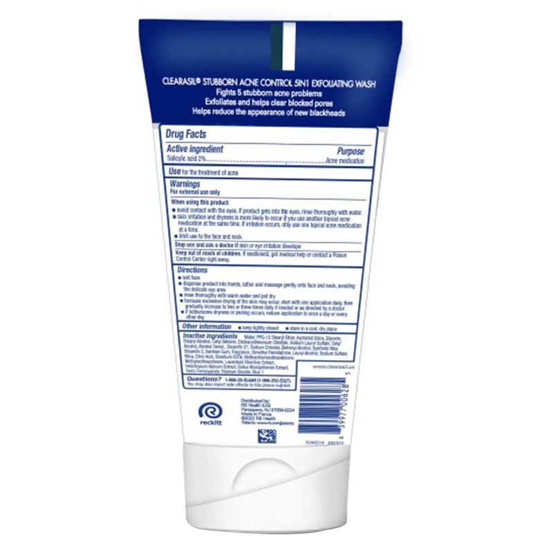 Clearasil Stubborn Acne Control 5in1 Exfoliating Wash, Maximum Strenght with 2% Salicylic Acid Acne Treatment Medicine, Daily Acne Facial Cleanser 6.78 fl oz