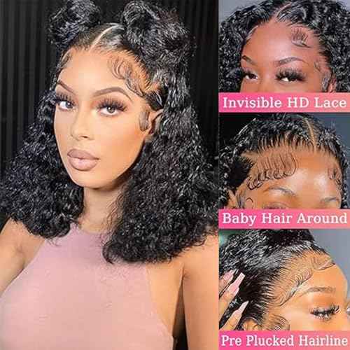 13x6 Deep Wave Lace Front Wigs Short Curly Bob Wig Human Hair 200 Density HD Glueless Lace Frontal Human Hair Wigs for Black Women Pre Plucked Natural Black 8 Inch