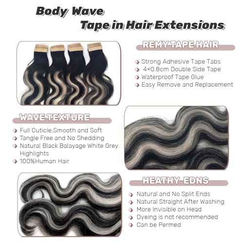 Tape in Hair Extensions Human Hair 26 Inch Body Wave Natural Black Hair Balayage Silver Grey Highlights Hair Extensions Real Human Hair Tape ins for Black Women 20 PCS Double Sided Tape Hair 50G