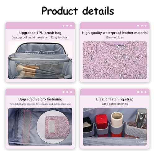 BOYATU Travel Makeup Bags Cosmetic Organizer Bag: 3-Set Large Capacity Make up Bag - PU Leather Toiletry Bags for Women - Wide Open Portable Pouch with Divider & Handle (02-Z-Violet)