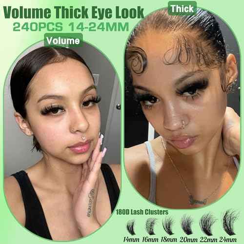 Lash Clusters Kit 14-24mm 180D Volume Clusters Eyelash Extensions 240Pcs Wispy Lashes Waterproof Individual Thick DIY Lashes Extension Kit with Lash Bond & Seal Tweezers, Replacement for Kmilro