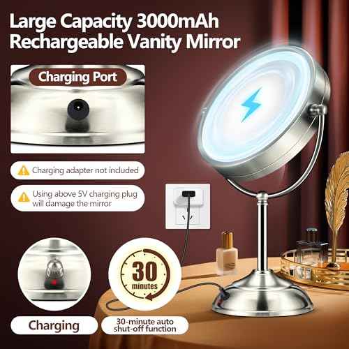 20x Large Lighted Makeup Mirror, Rechargeable 9" Magnifying Makeup Mirror, 30-Minute Timer,3 Color Modes, Adjustable Brightness, No Assembly Required, 360¡Æ Rotation Cosmetic Mirror, Pearl Nickel