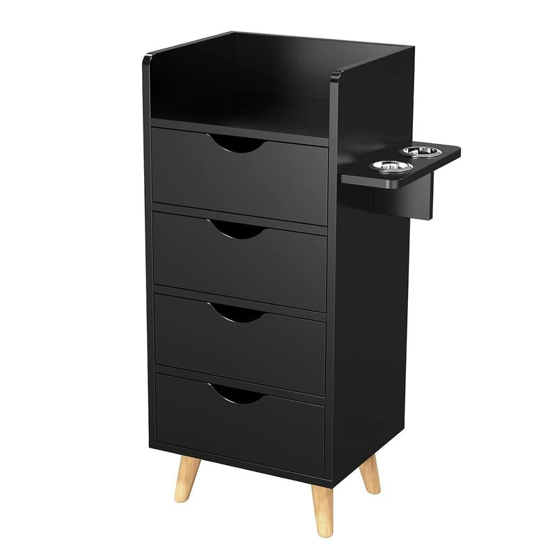 OmySalon 4 -Layer Salon Storage Cabinet,Beauty Barber Salon Styling Station Organizer Equipment,Hair Stylist Station Set with 2 Hair Dryer Holders，4 Drawers and Raised Table Legs, Black