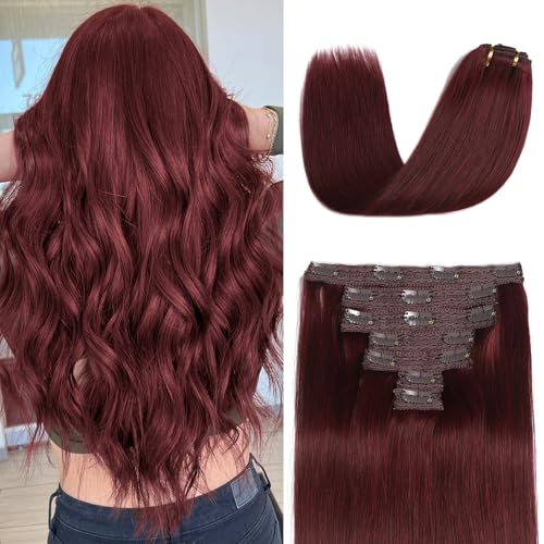 Clip in Hair Extensions Real Human Hair, Burgundy Red ? 16 Inch 7pcs 70g/Pack, Soft Hair Extensions Real Human Hair Clip ins Straight for Women, Capable for all Occasion (#99J 16 Inch)