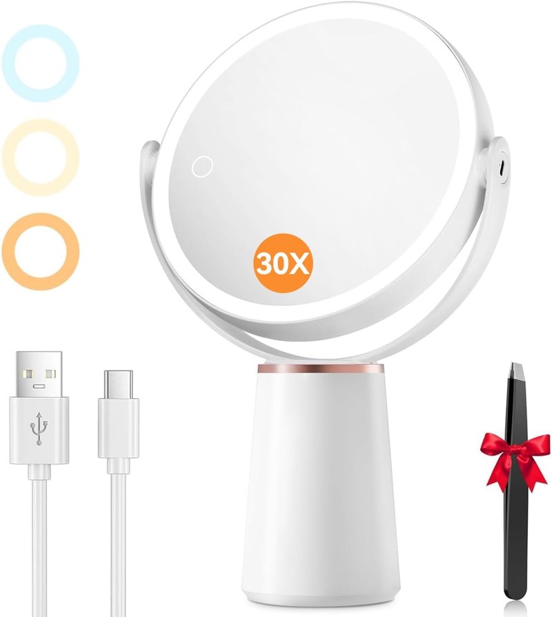 Auxmir Makeup Mirror - Double-Sided 30X/1X Magnifying Lighted Vanity Mirror | Rechargeable & Dimmable