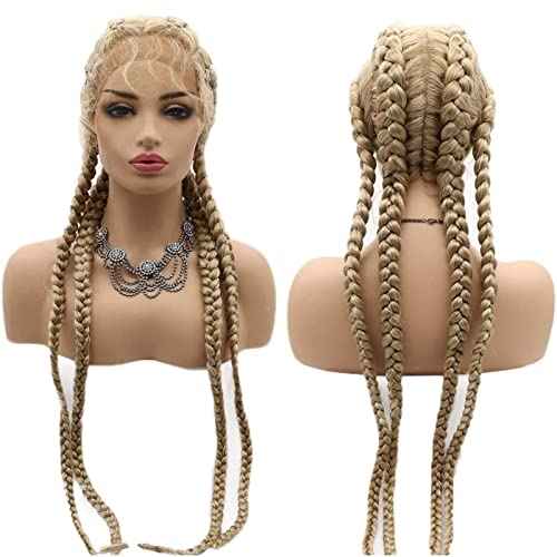 613 Braided Lace Front Wig Blonde French Braided Wigs for Black Women Straight Long Dutch Braids Wig Twisted Braiding Glueless Real Hair Wig Synthetic Heat Resistant Drag Cosplay Daily 30Inch