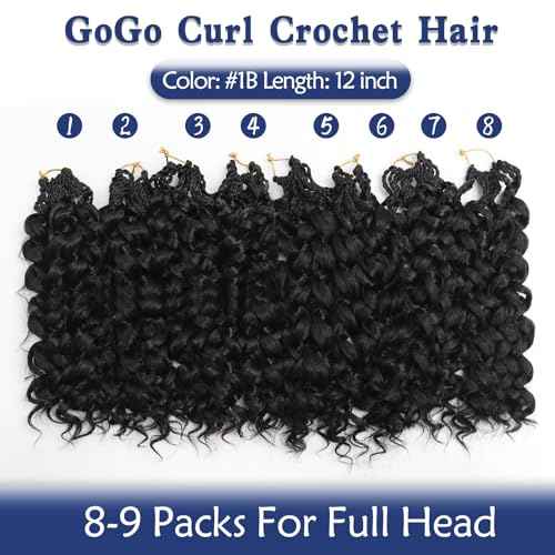 GoGo Curl Crochet Hair,12inch Pre Looped Water Wave Beach Curl Ocean Wave Crochet Braiding Hair,8pcs Box Braids Short Curly Crochet Hair for Black Women (12inch,#1B)