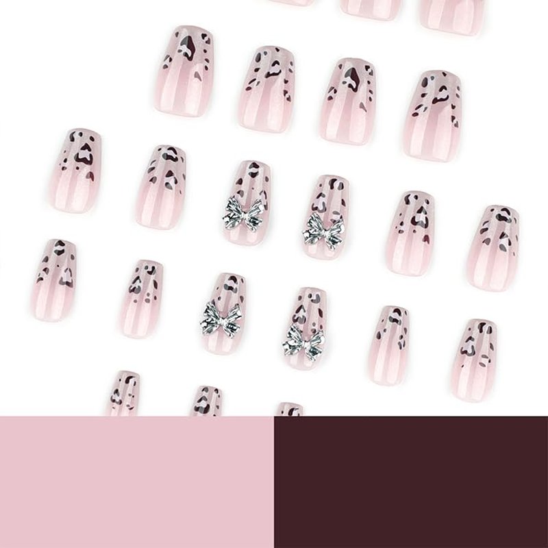 Leopard Nails Press ons Medium Coffin Fake Nails with Sliver Glitter Designs 3D Bow False Nails Glossy Full Cover Reusable Acrylic Stick on Nails Nude Artifical Nail Press ons for Women Manicure