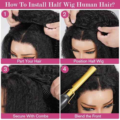 Kinky Curly Half Wig Human Hair 200% Density 3 In 1 Seamless Flip Over Glueless Wigs Water Wave Human Hair With Adjustable String Invisilbe Hairline Beginner Friendly 20 Inch